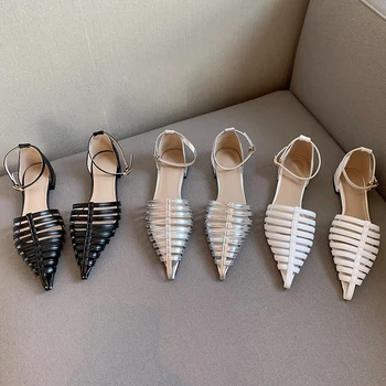 Мода 2022, елегантни дамски сандали на равна подметка с остри пръсти, дамски ежедневни улични джапанки с каишка и катарама, дамски обувки-балет апартаменти с туфлями-шлепанцами