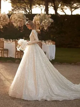 TIXLEAR Vestidos De Новия, блестящи пайети булчинската рокля на Булката 2023, сватбената рокля на принцеса трапецовидна форма, с дълги ръкави по поръчка, гражданско