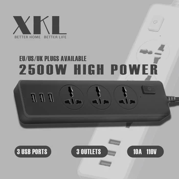 XKL Power Strip Универсален изход САЩ обединено Кралство ЕС Штекерные Електрически контакти 2500 W 10A Бързо зареждане USB A 2 M Пътни Удлинительные Контакти
