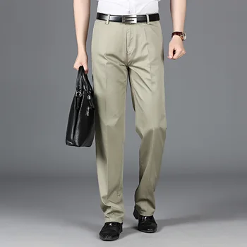 Lansboter, пролет-свободни бизнес мъжки ежедневни панталони цвят Каки, на средна възраст, с права тръба, Средна талия, Универсални, без желязо