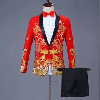 Мъжки комплект от 2 теми, костюми от китайската червена бродерия, облекло за сватбеното парти, банкет, костюми за момчета, комплект с блейзером, комплект с штанами, размер оверсайз Xxxxl