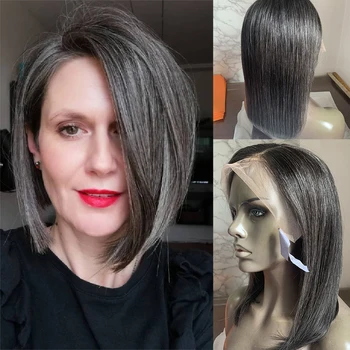Перука от човешки косъм, черно и сиво, цветове, кратък боб, смесени сиви перуки за черни жени, посветен на перука от човешка коса