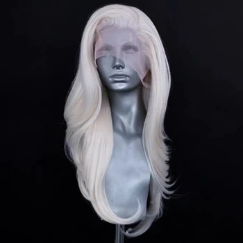 Platinum блондинистый синтетични перука на дантели 13x4, Прозрачен огнеупорни Бесклеевой вълнообразни перука за cosplay за жени 180 плътност