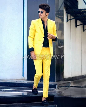 2021 Изработена по поръчка на луксозни благороден висококачествен нов жълто сако и панталони и мъжки костюми за сватба мъжки костюм Slim Fit Party