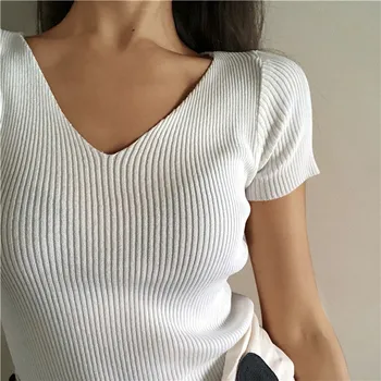 Вязаный бял съкратен отгоре с V-образно деколте дамски годишна ежедневна тениска, базова секси градинска дрехи, черни върхове в рубчик с къс ръкав, женски