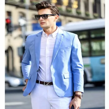 Пролетта нов стил Youny, мъжки светло сини костюми за ежедневната работа, изработена по поръчка модерен мъжки блейзър от 2 теми с бели панталони
