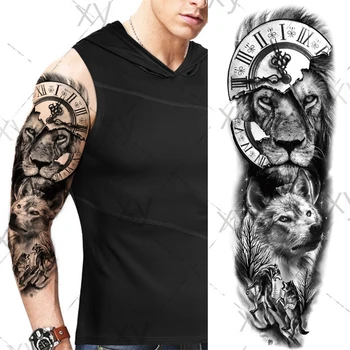 Водоустойчив временна татуировка, черен часовник, Лъв, Вълк, пълна ръка, голям размер, ръкав, татуировка, фалшива флаш os за мъже и жени