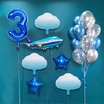 Балон за парти в чест на рождения ден, набор от балони със синьо номер 0 1 2 3 4 5 6 7 8 9 годишният набор от балони, тема на самолета, метален балон