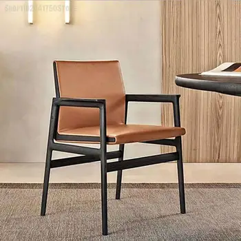 Лесен Луксозен стол за хранене от масивно дърво, домашна облегалка, Ресторант, Конферентна, Хотел, Модерен Прост скандинавски подлакътник, Творчески