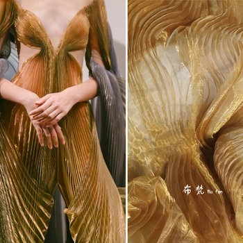 Илюзия златни момичета-русалки с къри, лазерни гънки от органза, плиссированная монолитен борда плат, оригинален прозрачен дизайнерски тъкани 