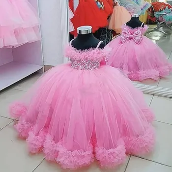 Винтажное розова бална рокля с цветя модел за момичета, рокли с бретельками на врата, детско празнично облекло за рожден ден, Костюми за снимане на поръчка
