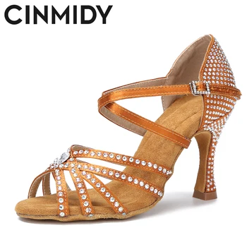 CINMIDY/ Танцови обувки с кристали, Дамски Обувки за латино танци, Обувки за Момичета, Танго, Салса, Ча-Ча-Румба, Високите Женски Сватбени Обувки За танци балната зала