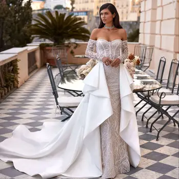 Луксозна Сватбена рокля Mermiad с открити рамене, блестящи мъниста, подвижна яка, струята, елегантна сватбена рокля Vestidos De Новия