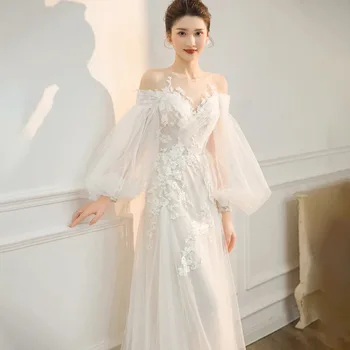 Вечерна рокля за жените, рокля, за да поздрави булката в корейски стил, сватбената рокля на принцеса за снимки при пътуване с открити рамене и дълги ръкави