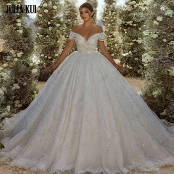 Porfirio Kui Елегантна бална рокля с открити рамене и ръкави, сватбена рокля, луксозна лейси пола принцеса с дължина до пода, в сватбената пола