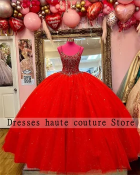 Червени Дантелени Буйни Рокли, Бална Рокля 2023, расшитое перли, с кристали, на спагети презрамки, Сладка рокля 16, вечерни рокли, Vestidos De 15 Años