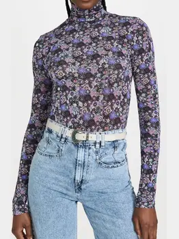 Поло с флорални принтом, женска тениска Slim Fit, участък, Реколта, Есен 2022, дамски пуловер с дълъг ръкав, тениска