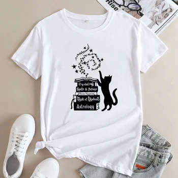 Тениска с котка и магическа книга, най-забавната женска тениска за четене библиотекар, естетически ведьмовские неща, дрехи от мистичната литература