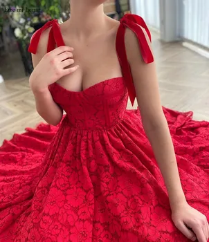 Червеното дантелено рокля трапецовидна форма с тънки спагети презрамки чаена дължина, Абитуриентски Коктейлни рокли за бала