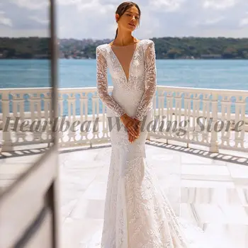 Елегантна сватбена рокля Русалка, без табли с V-образно деколте, дълъг ръкав, влак и аппликацией от пайети, женски сватбени рокли 2023