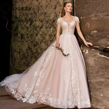 Приказно сватбени рокли CHANDELA с кръгло деколте и ръкав трапецовидна форма, вечерни апликации, сватбената рокля на поръчка Brautkleid за жени