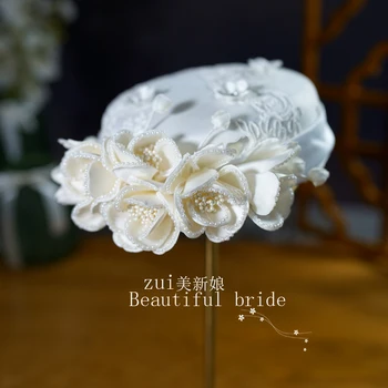 Сватбена шапка с цветя, ръчно изработени, украсени с перли, дамски сватбени аксесоари