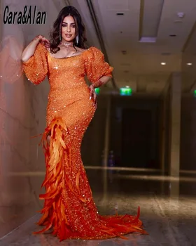 Елегантни оранжеви вечерни рокли с цепка, дълги арабски дамски рокли за сватбеното парти в Дубай, рокля за абитуриентски бал с пайети и пера, Vestidos De Noche
