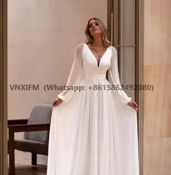 2023 Сватбени рокли цвят бяла слонова кост за булката, изработени по поръчка, с дълъг ръкав, V-образно деколте, Просто сватбена рокля с копчета, женствена рокля трапецовидна форма