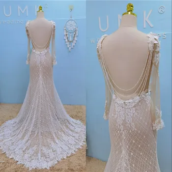 UMK Секси Сватбена рокля на Русалка с отворен гръб в стил бохо, дантелено Рокля с дълъг ръкав, расшитое мъниста, Цветя, дълбоко V-образно деколте, сватбени рокли впечатлява със своя бохемски стил