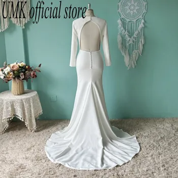 Елегантна сватбена рокля на Русалка от крепа UMK 2023 с дълъг ръкав, сексуална прости булчинска рокля с отворен гръб и кръгло деколте