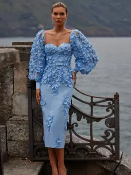 Прекрасна синя рокля на Русалка за бала с дълги буйни ръкави и 3D цветен аппликацией, вечерна рокля чаена дължина, Халати De Soriee По Поръчка
