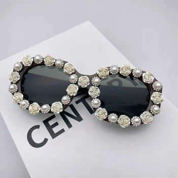 2023 Нови Слънчеви Очила с диаманти, дамски маркови дизайнерски вечерни дамски слънчеви очила, Планински кристал, Цветя, Перли, Люнета De Soleil Femme