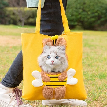 Чанта-переноска за котки във формата на пчела, чанти за транспортиране на котки, холщовая чанта на рамото, чанта-тоут за малки кучета, прибиращ се переноска за кученца