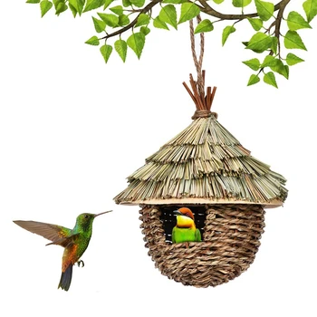 3 бр., ръчно изработени, окачен къща за колибри, открит птичи къщичка за гнездене, натурална билка, птичето гнездо за градина, двор