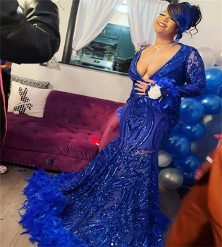 Кралско синя рокля за абитуриентски бал с пайети и пера за черни момичета, секси вечерни рокли на Русалка с дълбоко V-образно деколте, 2023, официално облекло за партита