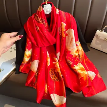 Модерен женски копринен шал с флорални принтом под формата на слънчоглед, дълъг шал в китайски стил, мултифункционален украса за улици