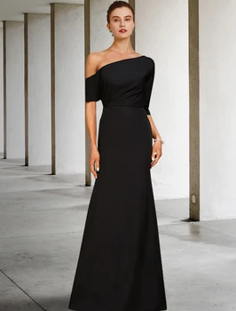 Винтажное черна рокля трапецовидна форма за майката на булката с къс ръкав с едно рамо, сатен сватбени рокли за булката дължина до пода 2023