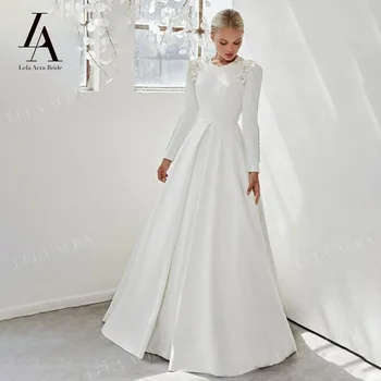 Сватбена рокля LelaAcra с дълъг ръкав 2022, атласное, с 3D Цветя, Расшитое Мъниста, Трапецовидна Форма, по-Големи Размери, Рокля на Принцеса Булка AV12, Vestido de Noiva