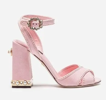 Нови розови велурени сандали-гладиатори с перли, дамски сандали с декорация във формата на кристали и ключалката на масивна ток, сватбени сандали за по-добро качество, Обувки-лодка