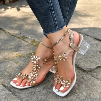 Сандали дамски летни нови модни дамски обувки с блестящи цветове, прозрачни сандали с кристали и отворени пръсти, дамски обувки