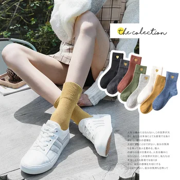 Чорапи с бродерия Love, есенно-зимни нови дамски чорапи от чист памук, със средна тръба, цветни, 6 чифта/лот