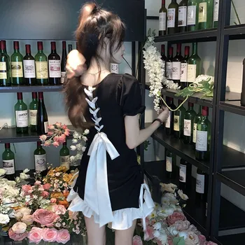 Женствена Рокля с превръзка на гърба Y2K, елегантна, готическа, Ново корейското модно черна Рокля с пищни ръкави и лък, реколта сладки летни мини рокли 2023
