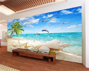 Wellyu Потребителски тапети морски пейзаж любовта на морето на плажа черупки на морски пейзаж кокосова палма синьо небе и бели облаци ТЕЛЕВИЗИЯ фон рисувани стенни behang