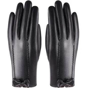 Дамски ръкавици от ПУ топъл пух за шофиране на открито, колоездене, ветроупорен дебели ръкавици със сензорен екран, модерен дамски ръкавици от мека кожа, женски
