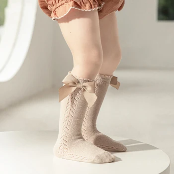 Летни детски чорапогащи до коляното за малки момичета и момчета, дълъг чорап с лък, мек памук дишащ мрежест открит детски чорап за 0-7 години