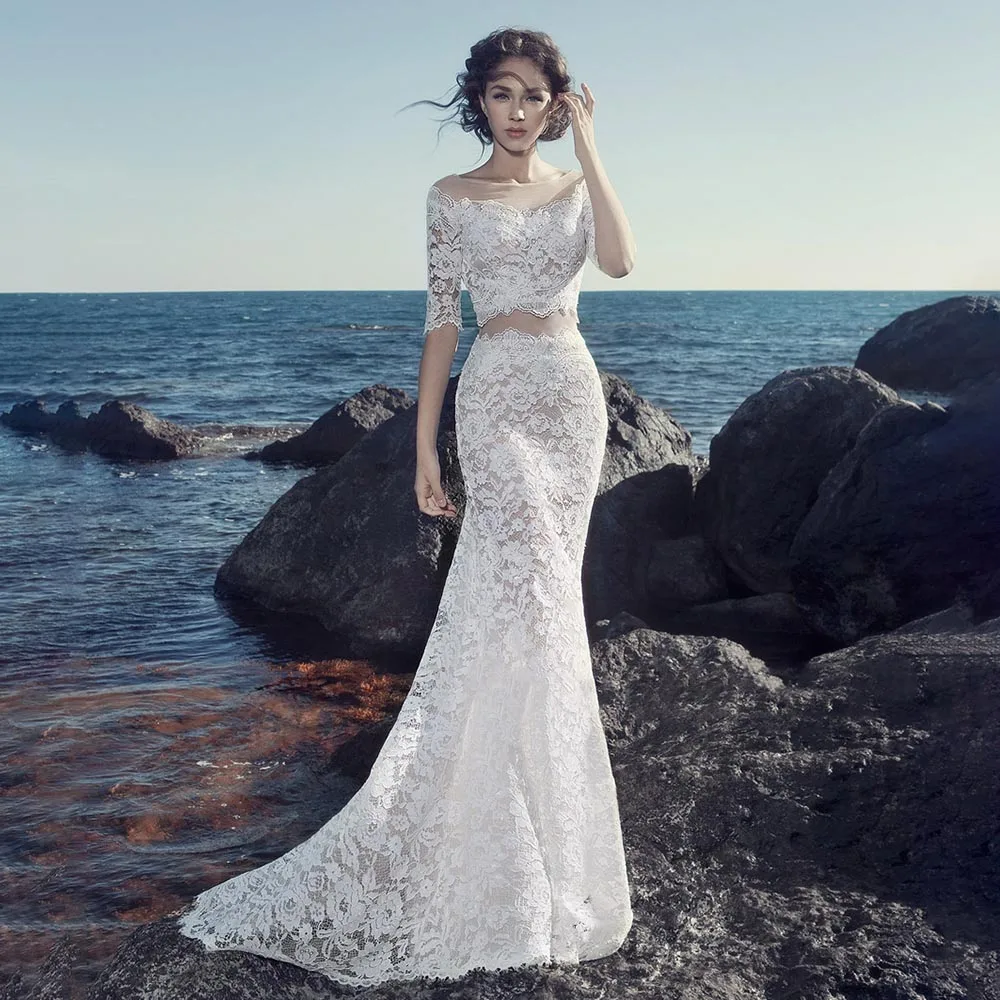 Дантелено сватбена рокля на Русалка с половинными ръкави, персонални, големи Размери, режийни wild, една илюзия, плажни сватбени рокли с цип с открити рамене